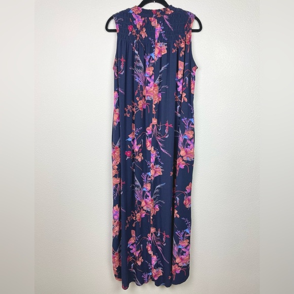 A New Day Women's Medium Floral Navy Sleeveless Maxi Dress Smocked Mock Neck - Picture 14 of 16